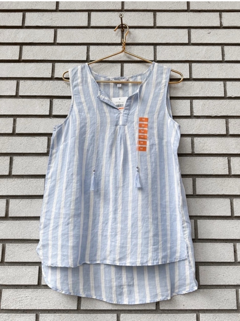 Ellen Tracy Company Linen Striped Sleeveless Tunic Top Arctic Combo Blue White M
